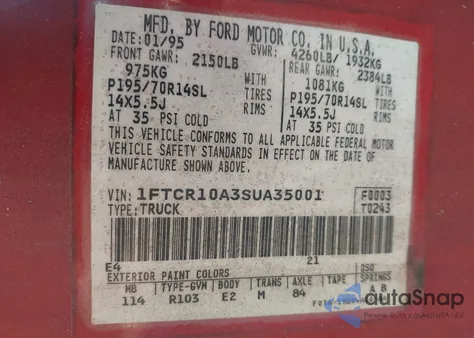 1995 Ford Ranger z USA, uszkodzony, nr VIN 1FTCR10A3SUA35001